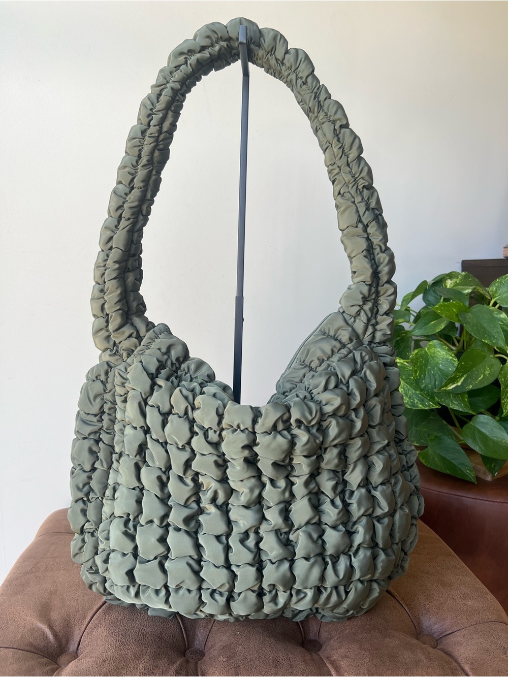 Quilted Woven Hobo Bag in Olive Green